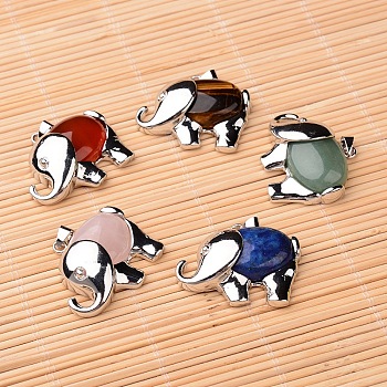Natural & Synthetic Gemstone Pendants, with Platinum Tone Brass Findings, Elephant, 29x38x10mm, Hole: 5x3.5mm