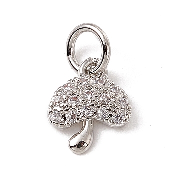 Brass Micro Pave Cubic Zirconia Charms, with Jump Rings, Mushroom Charms, Platinum, 9x7.5x2mm, Hole: 3.4mm