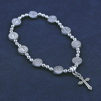 Alloy Cross Charm Bracelet, with Saint Benedict Link Chains, Platinum, 7-7/8 inch(20cm)