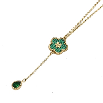 Ion Plating(IP) 304 Stainless Steel Green Cubic Zirconia Cable Chain Teardrop Tassel Necklaces, Flower Enamel Pendant Necklaces, Golden, Green, 16.30 inch(41.4cm)