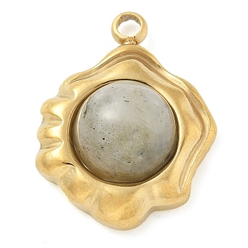 Natural Grey Aventurine Pendants, 304 Stainless Steel Flower Charms, Real 18K Gold Plated, 17x13.5x7mm, Hole: 2mm