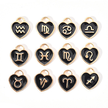 Light Gold Plated Alloy Enamel Pendants, Twelve Constellations, Heart, Black, 14x12x1.8mm, Hole: 4mm, about 12pcs/set