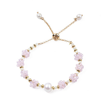 Natural Pearl & Glass Braided Slider Bracelet, Beaded Crochet Adjustable Bracelet for Women, Pink, Inner Diameter: 1-3/4 inch(4.5cm)