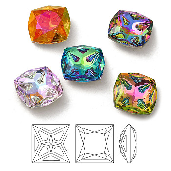 K9 Glass Rhinestone Cabochons, Point Back & Back Plated, Faceted, Square, Mixed Color, 12x12x5.5mm