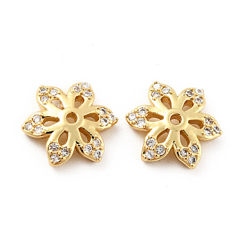 Brass Micro Pave Clear Cubic Zirconia Bead Caps, Cadmium Free & Lead Free, 6-Petal Flower, Golden, 10.5x9x2.5mm, Hole: 1mm