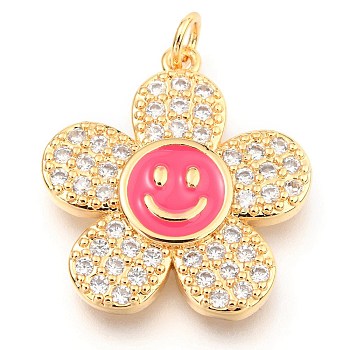 Brass Micro Pave Clear Cubic Zirconia Pendants, with Enamel and Jump Rings, Long-Lasting Plated, Flower with Smiling Face, Real 18K Gold Plated, Deep Pink, 24x22x3mm, Hole: 3mm