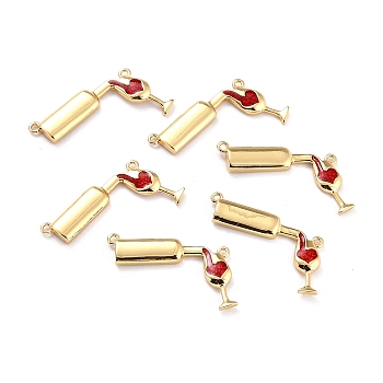 5Pcs Brass Enamel Links Connectors, Long-Lasting Plated, Wine with Wine Glass, Red, Real 18K Gold Plated, 17x26x2mm, Hole: 1.1mm