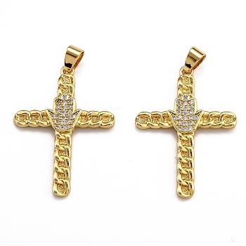 Brass Micro Pave Clear Cubic Zirconia Pendants, Long-Lasting Plated, Cross, Real 18K Gold Plated, 36x26.5x3mm, Hole: 3.5x5.5mm