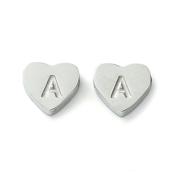 316 Surgical Stainless Steel Beads, Love Heart with Letter Bead, Stainless Steel Color, Letter A, 5.5x6.5x2.5mm, Hole: 1.4mm