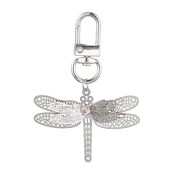 Brass Pendant Decorations, with Alloy Swivel Clasps, Platinum, Dragonfly, 69mm