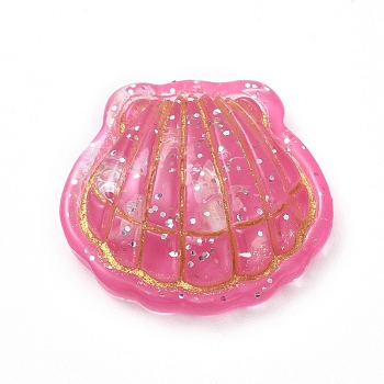 Flatback Resin Cabochons,  Imitation Shell, with Paillette/Sequin, Scallop Shell Shape, Fuchsia, 23x24x6mm
