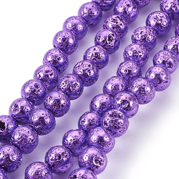 Electroplated Natural Lava Rock Bead Strands, Round, Dark Orchid, 10mm, Hole: 1.5mm, about 38~39pcs/strand, 15.27 inch~15.55 inch(38.8~39.5cm)