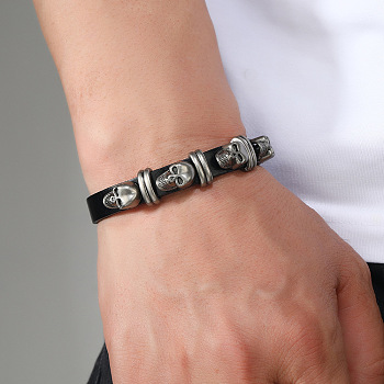 Alloy Skull Rivets Bracelet, Cowhide Cord Bracelet for Men Women, Black, 10-3/8 inch(26.5cm)