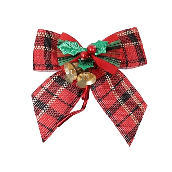 Linen Tartan Pattern Bowknot with Bell Pendant Decoration, for Christmas Tree Hanging Ornaments, FireBrick, 80x80mm
