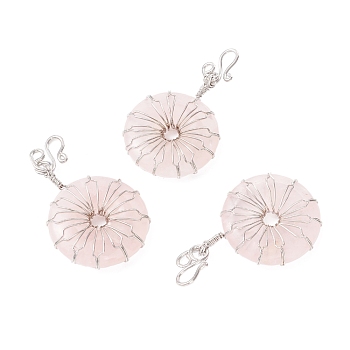 Natural Rose Quartz Big Pendants, with Platinum Plated Brass Wires Wrapped, Flat Round, 50~53.5x30~31x7.5mm, Hole: 7.55mm