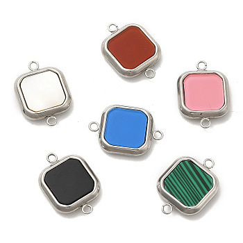 304 Stainless Steel Connector Charms, Square Links, with Acrylic & Shell & Synthetic Malachite, Stainless Steel Color, 12x17x3mm, Hole: 1.5mm