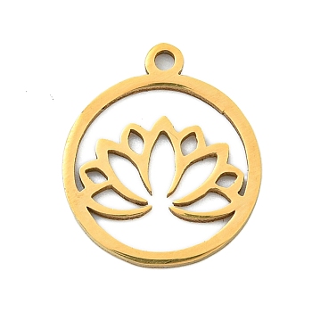 Ion Plating(IP) 201 Stainless Steel Pendants, Ring with Lotus Charm, Laser Cut, Real 18K Gold Plated, 17.5x15x1mm, Hole: 1.5mm