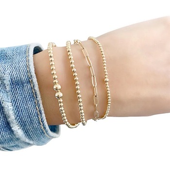 4Pcs Minimalist Brass Beads Stretch Bracelets & 304 Stainless Steel Paperclip Chain Bracelets Set for Women, Real 18K Gold Plated, 6.50 inch(16.5cm)~6.89 inch(17.5cm)