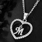 Brass Micro Pave Clear Cubic Zirconia Hollow Heart with Initial Pendant Necklaces, Platinum, Letter M, 16.14~18.50 inch(41~47cm)(WG4069A-18)