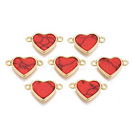 Brass Connector Charms, with Synthetic Turquoise, Cadmium Free & Nickel Free & Lead Free, Real 18K Gold Plated, Heart, Red, 10x17x3mm, Hole: 1.4mm(KK-N233-169B-01E)