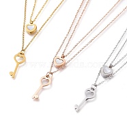 304 Stainless Steel Double Layer Necklaces, with Natural White Shell and Lobster Claw Clasps, Heart Key with Heart, Mixed Color, 16-1/2 inch(42cm)(NJEW-I240-03)
