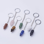 Natural/Synthetic Mixed Stone Pointed Keychain, with Iron Key Rings and Brass Finding, Bullet, Platinum, 107~135mm, 35~38x14~14.5mm(KEYC-E023-06)
