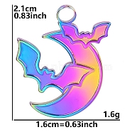 304 Stainless Steel Pendants, Moon with Bat Charm, Rainbow Color, 21x16mm(PW-WG69973-02)