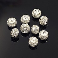 Brass Rhinestone Beads, Grade A, Silver Color Plated, Clear, Barrel, about 10mm in diameter, 9mm long, hole: 1.5mm(RB-9X10)