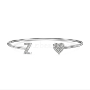 Anti-Tarnish Heart & Letter Rhodium Plated 925 Sterling Silver Micro Pave Cubic Zirconia Cuff Bangles for Women, Letter Z, 0.2~0.8cm, Inner Diameter: 1-7/8x2-1/4 inch(4.85x5.65cm)(BJEW-C062-01Z-P)