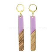 Two Tone Resin & Walnut Wood Rectangle Dangle Leverback Earrings, Golden 304 Stainless Steel Long Drop Earrings, Plum, 68x12mm(EJEW-JE05503-04)