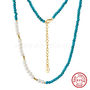 Faceted Round Natural Turquoise & Shell Pearl Beaded Necklaces, with 925 Sterling Silver End Chains, Real 14K Gold Plated, 15.75 inch(40cm)(NJEW-L125-005G-01)