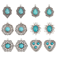 PandaHall Elite 12Pcs 6Style Tibetan Style Alloy Pendants, with Synthetic Turquoise, Cadmium Free & Lead Free, Teardrop & Flower & Heart & Hexagon Flower , Antique Silver, 34.5x32.5x7mm, Hole: 1.6mm(PALLOY-PH0001-73AS-RS)