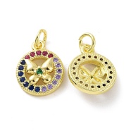 Brass Micro Pave Colorful Cubic Zirconia Charms, with Jump Ring, Flat Round with Butterfly, Real 18K Gold Plated, 14.5x12x3.5mm, Hole: 3.2mm(KK-E068-VF098)