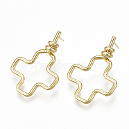 Brass Stud Earrings, Cross, Real 18K Gold Plated, 36.5x25mm, Pin: 0.7mm(X-KK-S348-374)