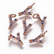 Brass Micro Pave Cubic Zirconia Charms, Letter, Colorful, Rose Gold, Letter.Y, 9.5x6x1.8mm, Hole: 2mm(ZIRC-L070-38Y-RG)