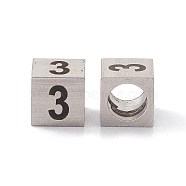 303 Stainless Steel European Beads, Large Hole Beads, Cube with Number, Stainless Steel Color, Num.3, 7x7x7mm, Hole: 5mm(STAS-G286-P03)