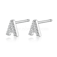 Rhodium Plated 925 Sterling Silver Initial Letter Stud Earrings, with Cubic Zirconia, Platinum, Letter A, 5x5mm(HI8885-01)