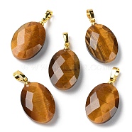Natural Tiger Eye Pendants, Faceted Oval Charms with Golden Plated Brass Snap on Bails, 21.8x13.4~13.5x6.2mm, Hole: 5.3x3.7mm(G-E603-03G-01)