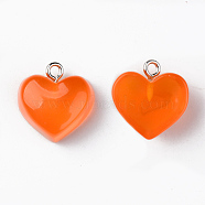 Transparent Resin Pendants, with Platinum Tone Iron Loop, Heart, Orange, 16.5x17x9.5mm, Hole: 1.8mm(RESI-R429-30I)