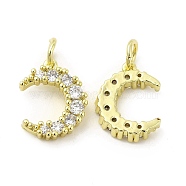 Brass Micro Pave Cubic Zirconia Charms, with Jump Ring, Moon Charm, Golden, 13x10x2.8mm, Hole: 2.5mm(KK-E068-VB413)