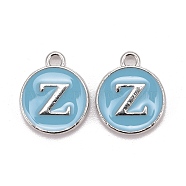 Platinum Plated Alloy Enamel Charms, Cadmium Free & Lead Free, Enamelled Sequins, Flat Round with Letter, Sky Blue, Letter.Z, 14x12x2mm, Hole: 1.5mm(ENAM-S118-04Z-P)