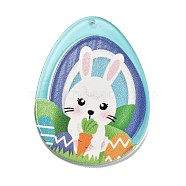 Easter Printed Transparent Acrylic Pendants, Egg with Rabbit, Light Sky Blue, 42.5x31.5x2.5mm, Hole: 1.6mm(MACR-P042-B01)