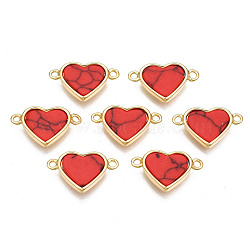 Brass Connector Charms, with Synthetic Turquoise, Cadmium Free & Nickel Free & Lead Free, Real 18K Gold Plated, Heart, Red, 10x17x3mm, Hole: 1.4mm(KK-N233-169B-01E)