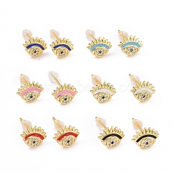 Cubic Zirconia Evil Eye Stud Earrings with Enamel, Gold Plated Brass Jewelry for Women, Cadmium Free & Lead Free, Mixed Color, 7.5x10mm, Pin: 0.8mm(KK-E033-01G)