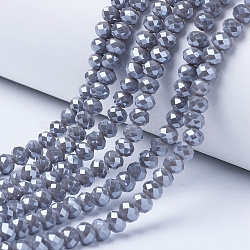 Electroplate Glass Beads Strands, Pearl Luster Plated, Faceted, Rondelle, Gray, 4x3mm, Hole: 0.4mm, about 113~115pcs/strand, 41~42cm(EGLA-A034-P4mm-A15)