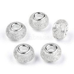 Epoxy Resin European Beads, Large Hole Beads, with Glitter Powder and Platinum Tone Brass Double Cores, Rondelle, Light Grey, 14x9mm, Hole: 5mm(RPDL-N015-02I)