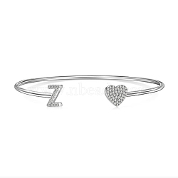 Heart & Letter Rhodium Plated 925 Sterling Silver Micro Pave Cubic Zirconia Cuff Bangles for Women, Letter Z, 0.2~0.8cm, Inner Diameter: 1-7/8x2-1/4 inch(4.85x5.65cm) (BJEW-C062-01Z-P)