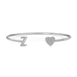 Anti-Tarnish Heart & Letter Rhodium Plated 925 Sterling Silver Micro Pave Cubic Zirconia Cuff Bangles for Women, Letter Z, 0.2~0.8cm, Inner Diameter: 1-7/8x2-1/4 inch(4.85x5.65cm)(BJEW-C062-01Z-P)