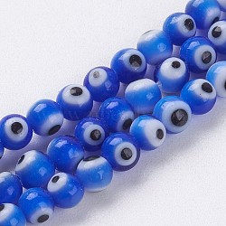 Handmade Evil Eye Lampwork Beads Strands, Round, Blue, 4mm, Hole: 1mm, about 98pcs/strand, 14.3 inch(36.5cm)(LAMP-J089-B02)