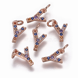 Brass Micro Pave Cubic Zirconia Charms, Letter, Colorful, Rose Gold, Letter.Y, 9.5x6x1.8mm, Hole: 2mm(ZIRC-L070-38Y-RG)